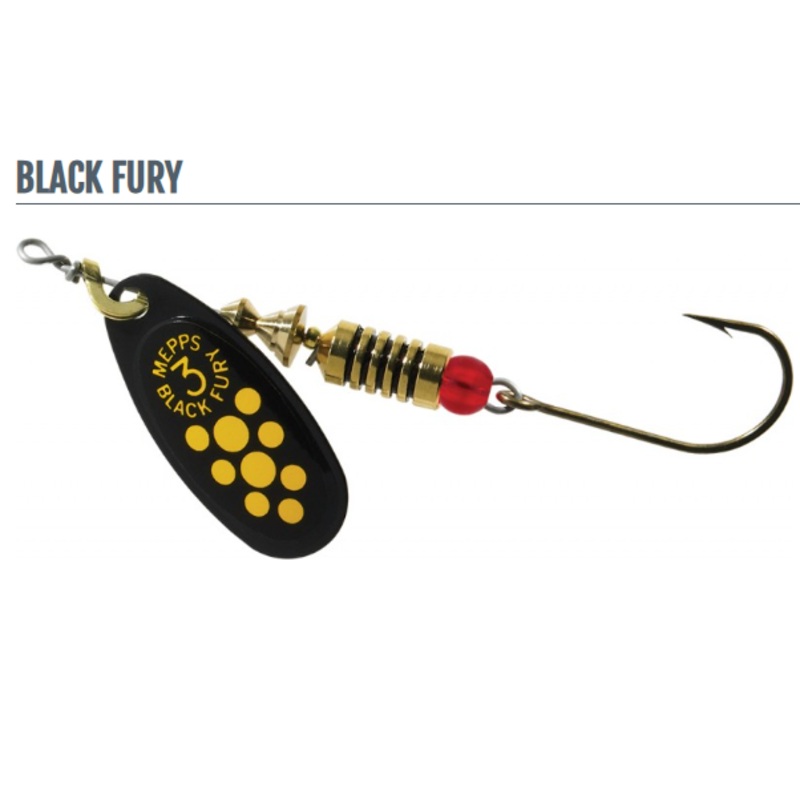 Mepps Balck Fury Siwash||1 (1/8 oz)||2 (1/6 oz)||3 (1/4 oz)|Black/Yellow Dots|Chartreuse|Fluorescent Red|Firetiger|Pink|White