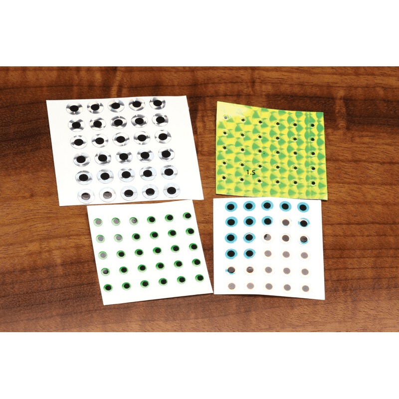 Hareline Adhesive Eyes|3/32 – 2.3 mm|1/8 – 3.3 mm|3/16 – 4.8 mm|1/4 – 6.4 mm||345 Silver Black||367 Pearl Black||384 Yellow Black