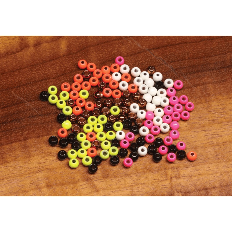 Hareline Dazzle Brass Beads|5/64 – 2.0 mm|5/32 – 3.8 mm|3/32 – 2.4 mm|7/64 – 2.8 mm|1/8 – 3.3 mm||11 Black Gloss||15 Black Ruby||137 Fl Orange||138 Fl Pink||143 Yellow Chartreuse||190 Salmon Pink||224 Matte Black||239 Mottled Brown||287 Pearl White||288 P
