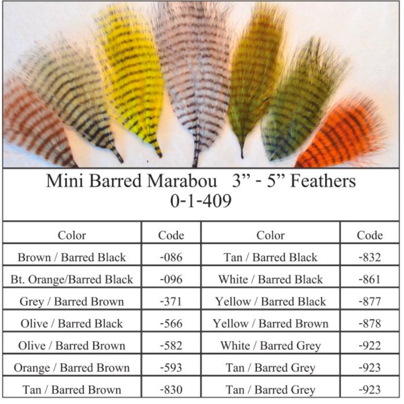 MFC Mini Barred Marabou 3- 5|Brown/Barred Black|Burnt Orange/Barred Black|Olive/Barred Black|Olive/Barred Brown|Tan/Barred Brown|Tan/Barred Black|White/Barred Black|Yellow/Barred Black|Yellow/Barred Brown