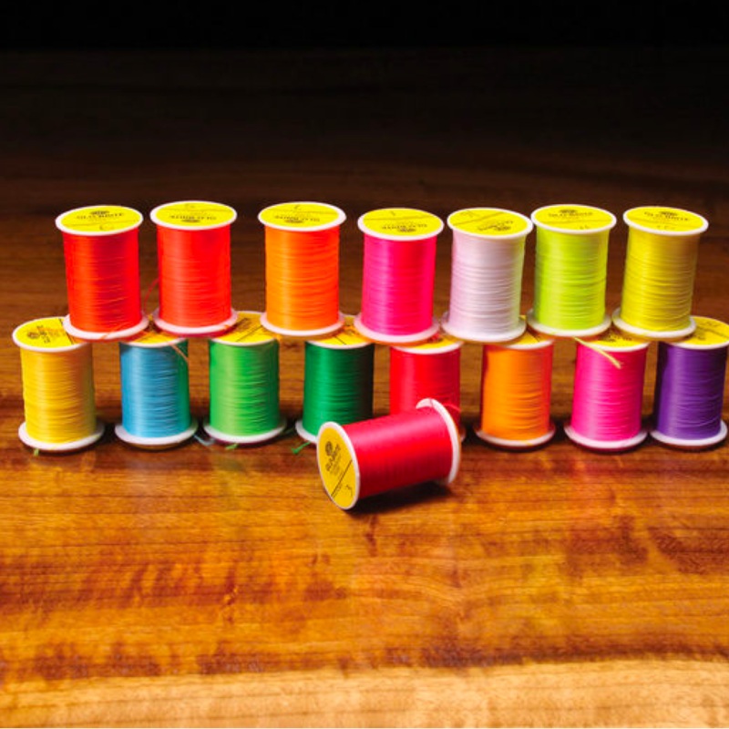 Glo Brite Floss|Fl. Green Highlander |13 (GB 132)|Fl. Blue |14 (GB 125)|Fl. Chartreuse |12 (GB 127)|Fl. Fire Orange |5 (GB 129)|Fl. Flame |4 (GB 130)|Fl. Fuchsia |1 (GB 131)|Fl. Hot Pink |2 (GB 133)|Fl. Orange |7 (GB 137)|Fl. Red |3 (GB 139)|Fl. Yellow |1