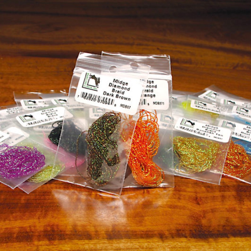 Midge Diamond Braid|Black (MDB 11)|Bonefish Tan (MDB 31)|Caddis Green (MDB 49)|Dark Brown (MDB 87)|Dun Gray (MDB 106)|Fl. Chartreuse (MDB 127)|Fl. Hot Pink (MDB 133)|Fl. Shrimp Pink (MDB 140)|Medium Brown (MDB 228)|Olive (MDB 263)|Peacock (MDB 282)|Pearl