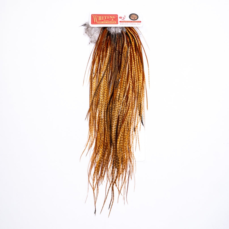 Whiting Bronze Rooster Saddle|Grizzly|Brown|Light Ginger|Barred Medium Ginger|Barred Dark Ginger|White Dyed Light Dun|White Dyed Medium Dun|Grizzly Dyed Natural Brown|Grizzly Dyed Medium Dun|Grizzly Dyed Olive|Grizzly Dyed Golden Olive|White