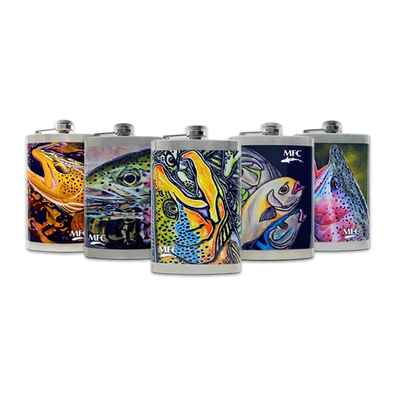 MFC Hip Flask|Udesen’s Bonefish Tail|Sundell’s October Brown|Currier’s Brook Trout|Estrada’s Slam!|Estrada’s Brown Trout Graffiti|Estrada’s Rainbow Trout Graffiti
