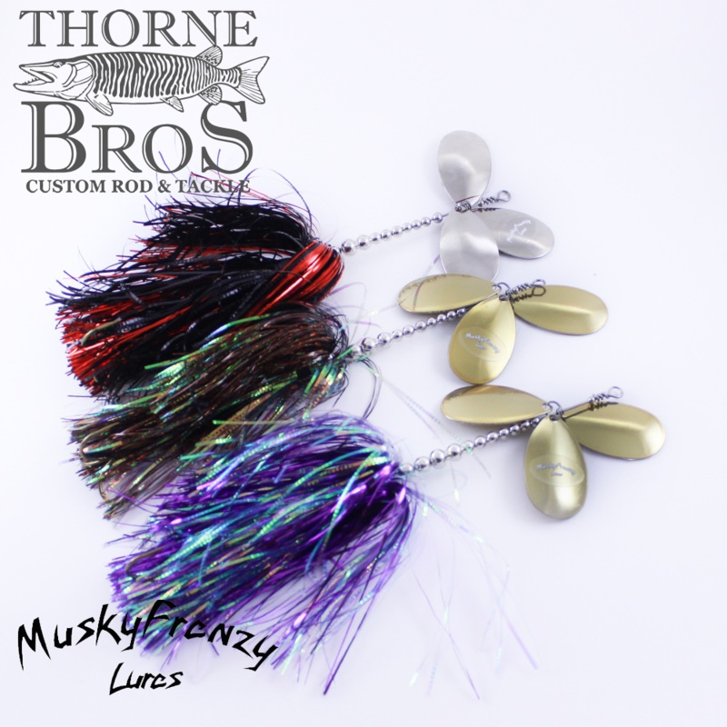 Musky Frenzy Apache Triple 8|TB Custom Black Lightning|TB Custom Blue Walleye|Black/Green|Black Ice|Black/Black|Black/Nickel|Black/Orange|Black/Chart|Firetiger/Black|Gold Shiner|Money|Orange Flash|Purple Rain|Walleye Brass|Chartreuse Blast|Black/Red/Nicke