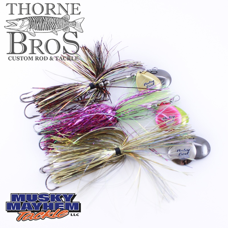 Musky Mayhem Baby Girl|Black/Nickel|Black/Orange|Black-Chartreuse|Black-Red/Nickel|Bluegill|Blue-Silver/Nickel|Brown-Orange/Orange|Dorado|Hot Chartreuse|Lazer Shad|Lazer Cranberry|Purple/Gold|Rainbow/Nickel|Skunk|Super Black