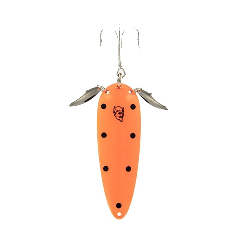 Eppinger Dardevle Klicker|3/4 oz.|1 oz.|Orange/Black Spots|Ham/Orange/Copper|Black-White/Nickel|Black Perch|Hot Mackerel|Jack O’Diamonds|Red-White/Copper|Chart/Red Dots|Yellow/Red/Ladder