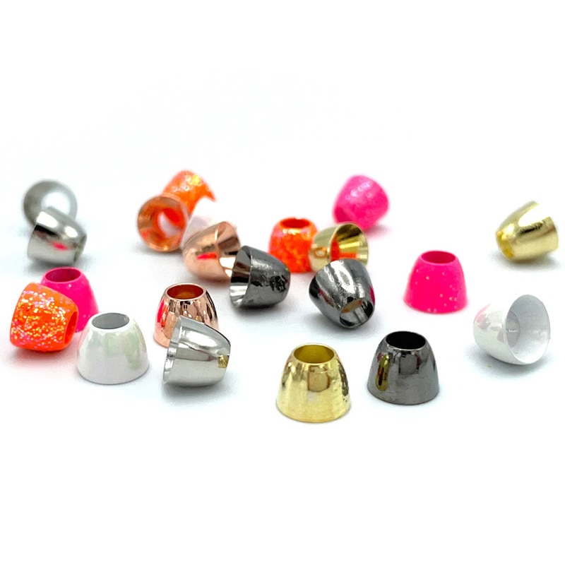 Hareline Tube Cone Heads|7/32″ – Medium|1/4″ – Large|Black Nickel|Fluorescent Pink