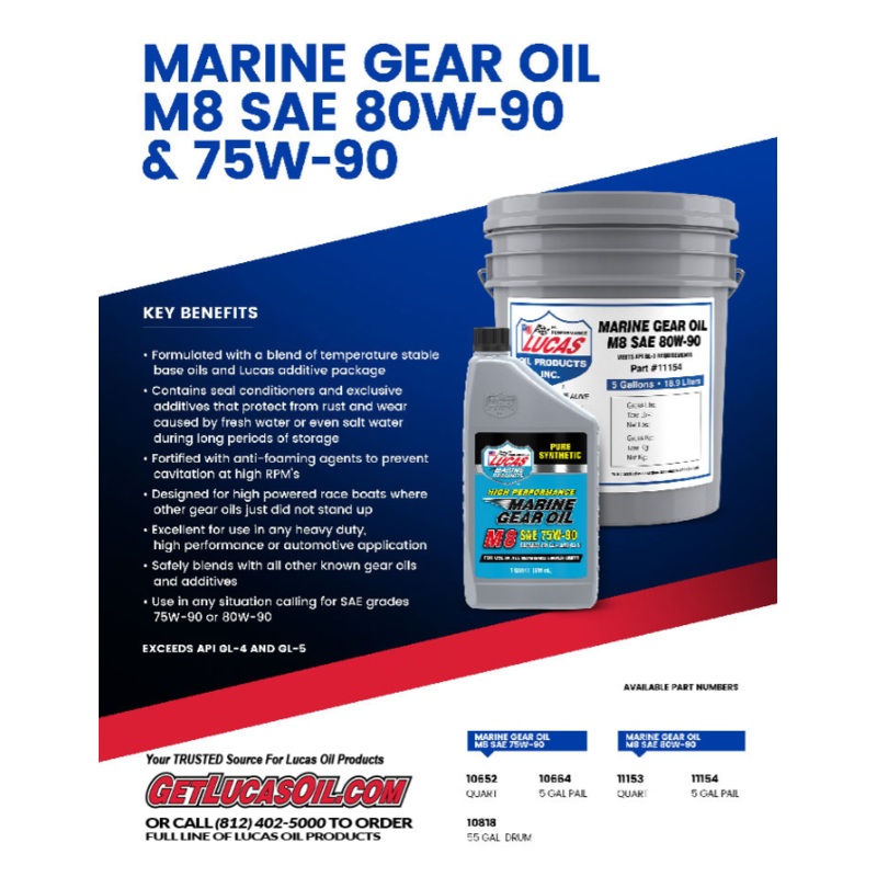 Lucas SAE 80W-90 M8 Marine Gear Oil QT 11153