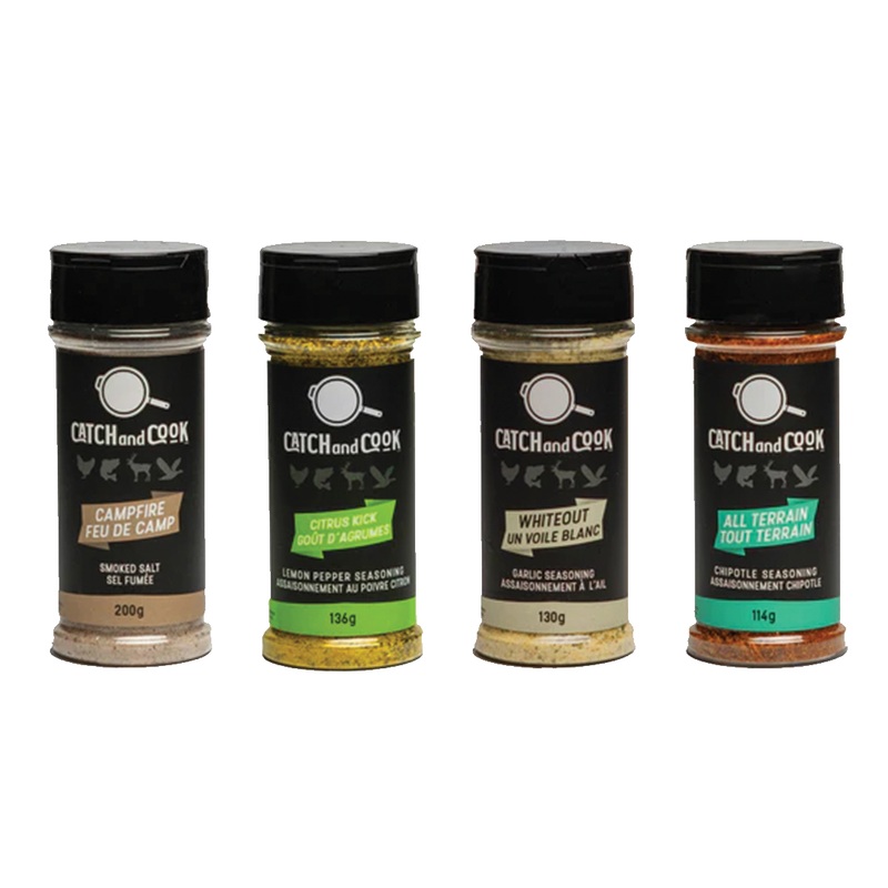 Catch & Cook Spices|All Terrain (Chipotle Seasoning)|Campfire (Smoked Salt)|Whiteout (Garlic Seasoning)|Citrus Kick (Lemon Pepper Seasoning)|Stellar Salt (Seasoned Salt)|Mighty Mango (Chipotle Mango Seasoning)