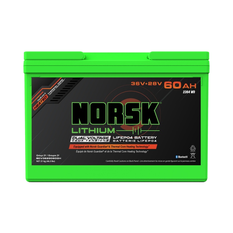 Norsk (LiFePO4) 60Ah 36V+28v (Dual Voltage) Lithium Marine Deep Cycle Battery (Heated)