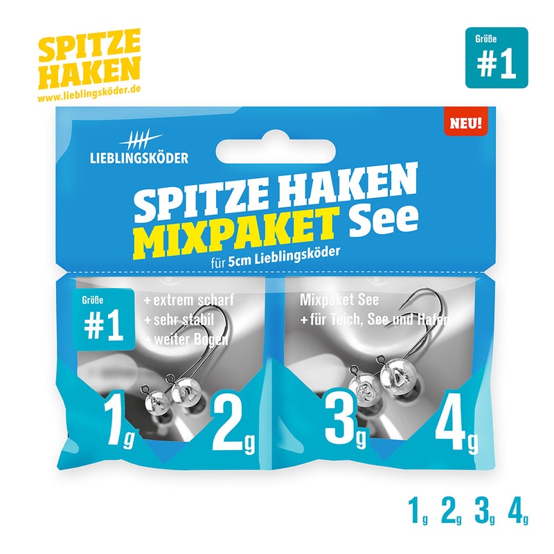 Spitze Haken Mixpaket||0 See (2 g / 3 g / 4 g / 5 g)||0 Fluss (6 g / 7 g / 8 g / 10 g)||1 See (1 g / 2 g / 3 g / 4 g)||1 Fluss (5 g / 6 g / 7 g / 8 g)|1/0 (4 g / 6 g / 8 g / 10 g)|2/0 (6 g / 8 g / 10 g / 12 g)|3/0 (8 g / 10 g / 12 g / 14 g)|4/0 (8 g / 1