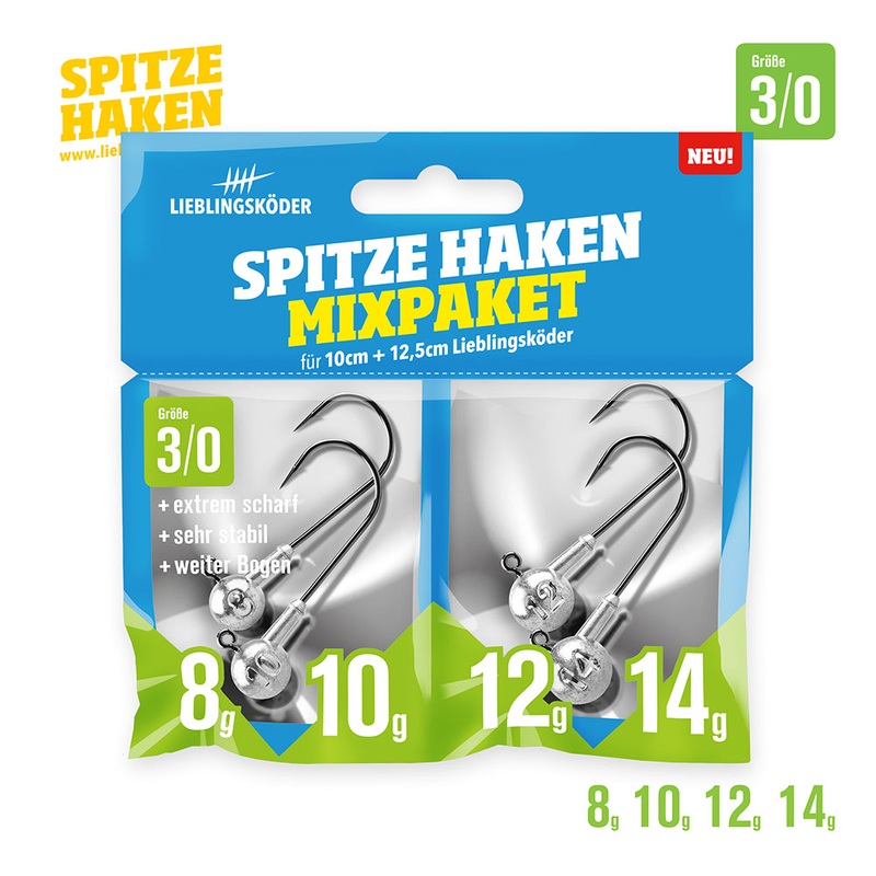 Spitze Haken Mixpaket||0 See (2 g / 3 g / 4 g / 5 g)||0 Fluss (6 g / 7 g / 8 g / 10 g)||1 See (1 g / 2 g / 3 g / 4 g)||1 Fluss (5 g / 6 g / 7 g / 8 g)|1/0 (4 g / 6 g / 8 g / 10 g)|2/0 (6 g / 8 g / 10 g / 12 g)|3/0 (8 g / 10 g / 12 g / 14 g)|4/0 (8 g / 1