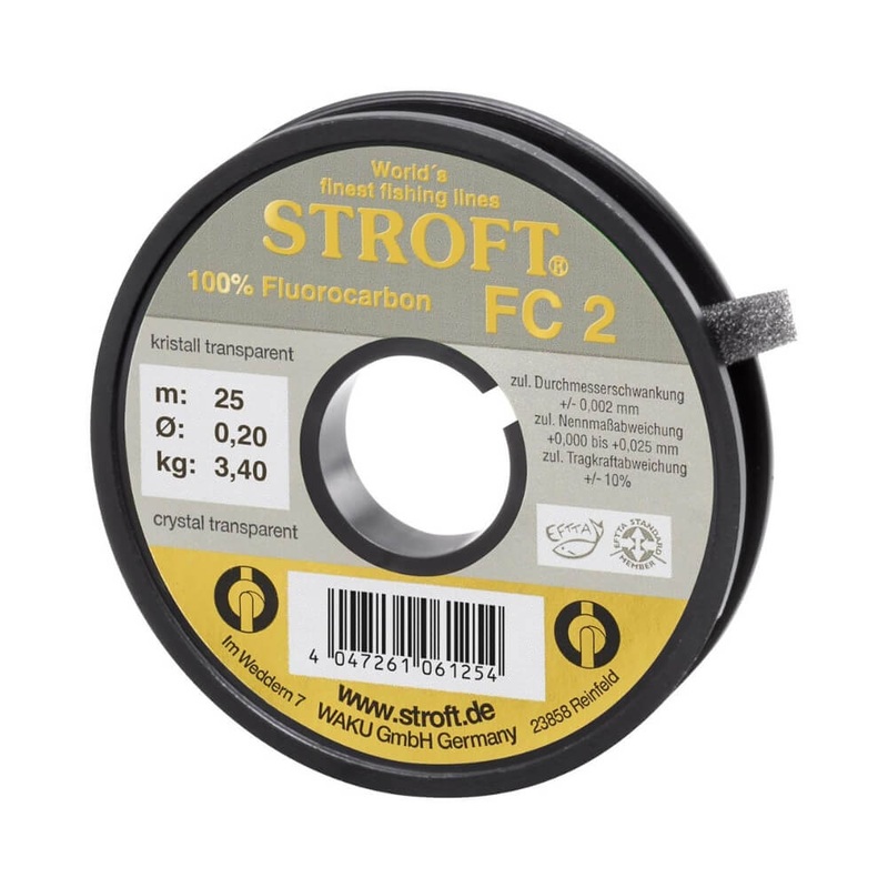 FC 2 Fluorocarbon|25 m|100 m|0.20 mm / 3.4 kg|0.22 mm / 4.0 kg|0.25 mm / 5.3 kg|0.27 mm / 6.0 kg|0.30 mm / 7.1 kg|0.35 mm / 8.6 kg|0.40 mm / 11.5 kg|0.45 mm / 13.5 kg|0.50 mm / 17.0 kg
