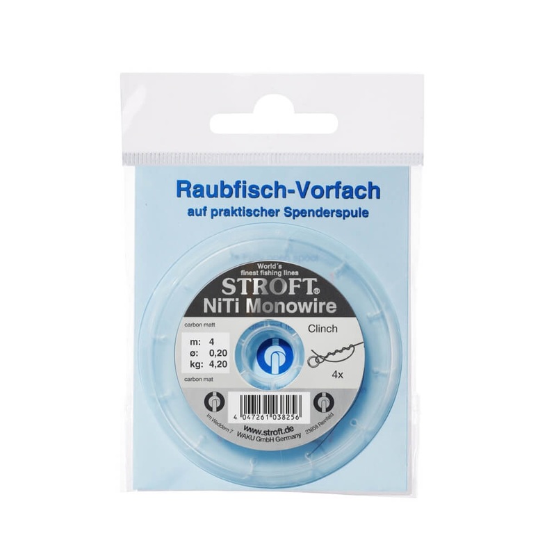 NiTi Monowire|4 m|10 m|0.20 mm / 4.2 kg|0.25 mm / 7.0 kg|0.30 mm / 10.0 kg|0.35 mm / 15.0 kg|0.40 mm / 20.0 kg