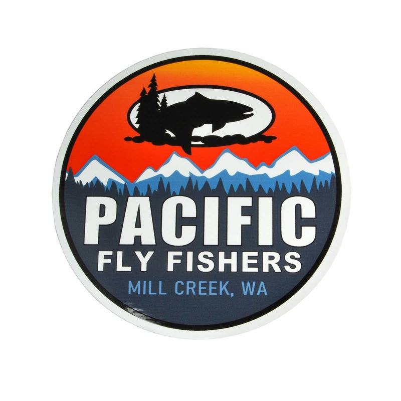 Pacific Fly Fishers Stickers|Circle Mountain Sunset|Orange Rectangle|Green Rectangle