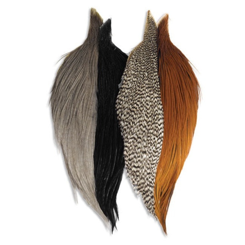 Introductory Hackle Pack|4 half rooster capes (dry fly)|2 half hen capes & 2 half hen saddle (soft hackle)|4 half rooster saddles