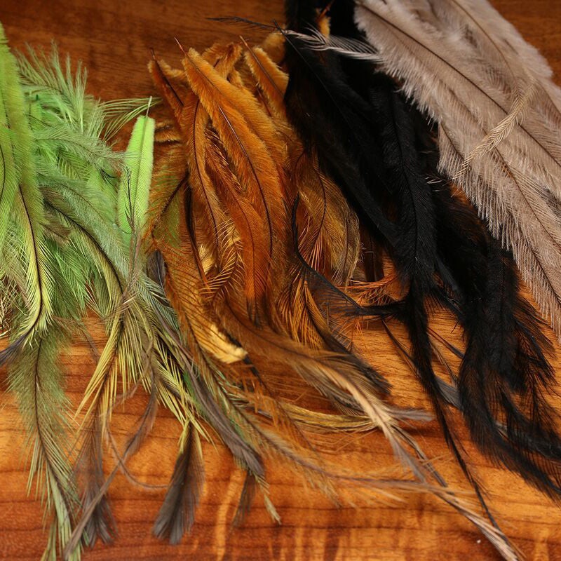Emu Feathers|black|brown|charcoal gray|gold|insect green|natural (tan-gray)|olive