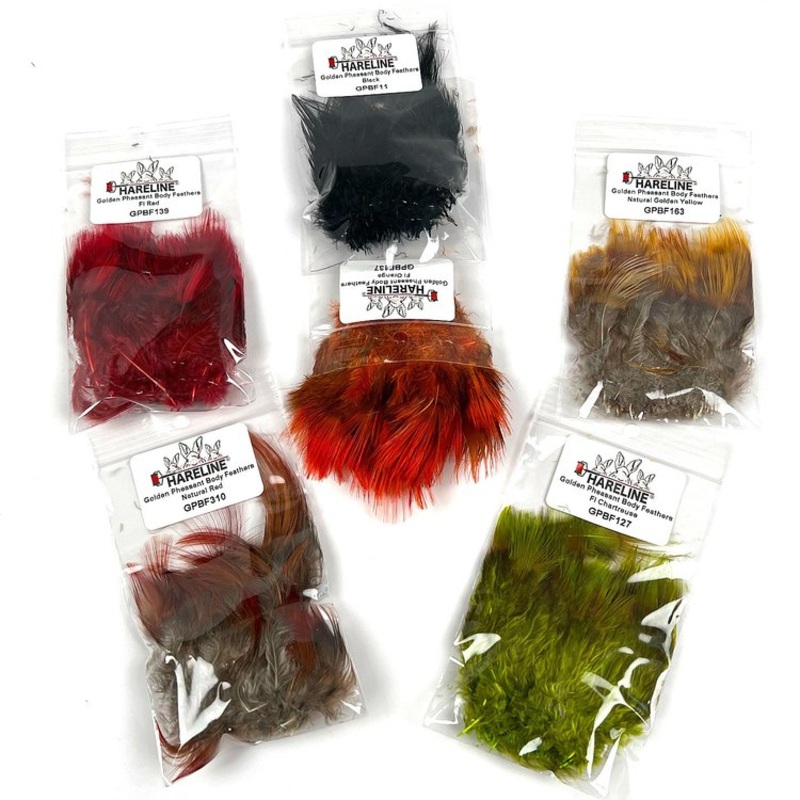 Golden Pheasant Body Feathers|black|fl chartreuse|fl orange|fl red|natural golden|natural red
