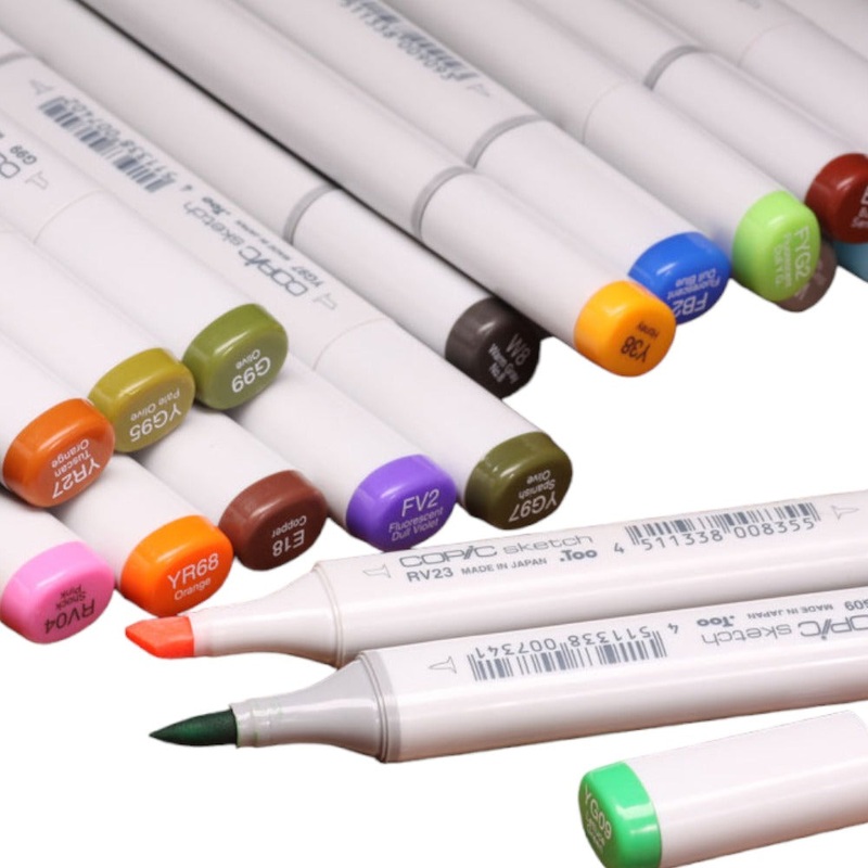 Copic Sketch Marker|gray  (C6)|dark olive  (G99)|red  (R29)|tan  (E55)|caddis green  (YG09)|olive  (YG97)|fl. orange  (YR68)|chartreuse  (FYG2)|brown  (E18)