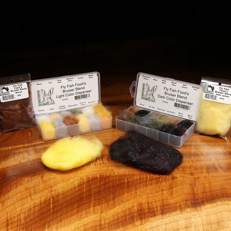 Fly Fish Food’s Bruiser Blend|alpha wolf|barf brown|black|black copper|black red|brown olive|brown|butter belly|cali 420|canary|cream|dark gray|dark olive|gray|hidden treasure|holo gray|medium olive|midnight fire|pale lemon|sasquatch brown|sunburst|tan|un