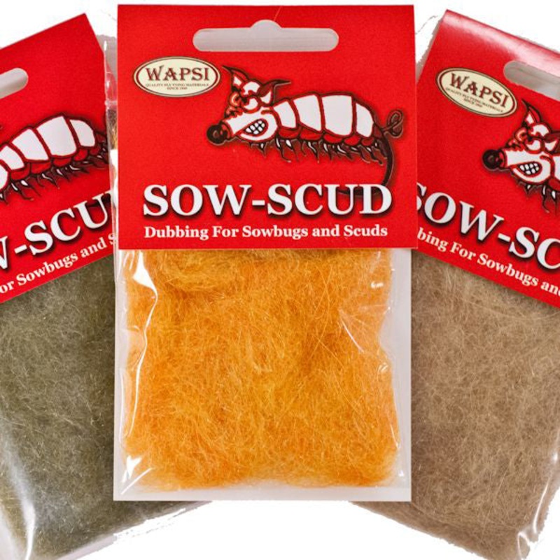 Sow-Scud Dubbing|light gray|tan|light olive|olive|amber|dark gray|shrimp pink|pearl|light sow bug|sow bug|bighorn pink|bighorn orange|dead orange|smokey olive|rainbow|tan rainbow|dispenser w/ 12 colors