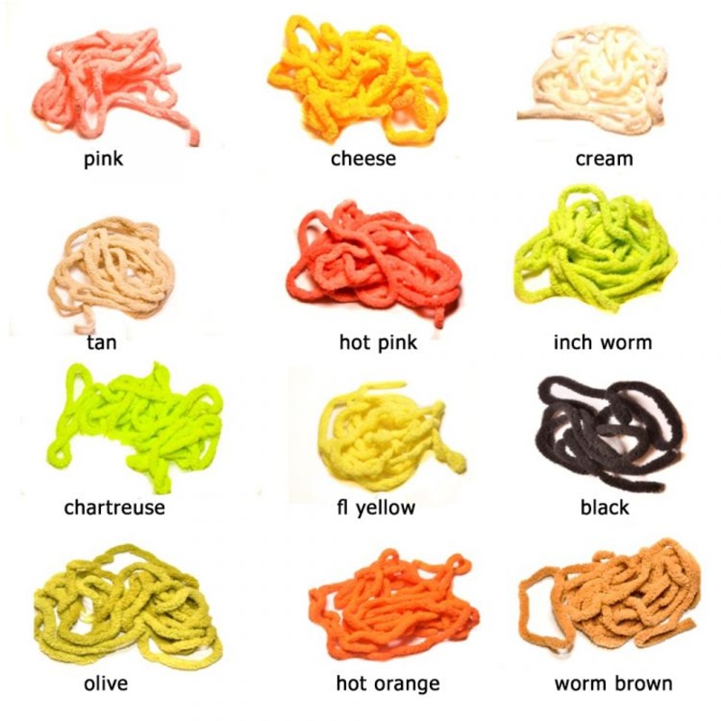 Mop Chenille|black|chartreuse|cheese|cream|fl. yellow|hot orange|hot pink (salmon)|inch worm (caddis green)|olive|pink (shrimp)|tan|worm brown