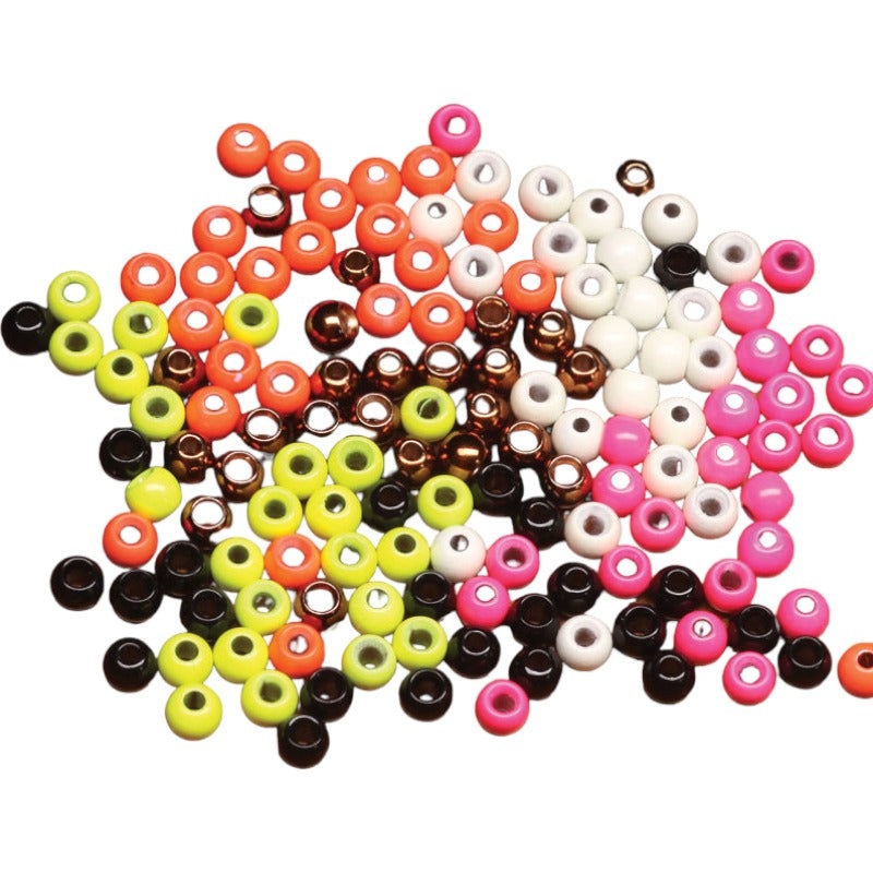 Dazzle Brass Beads|5/64″ (2mm)|3/32″ (2.4mm)|7/64″ (2.8mm)|1/8″ (3.3mm)|5/32″ (3.8mm)|matte black|fl. orange|pearl white|fl. pink|fl. yellow chart.