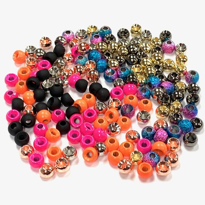 Plummeting Tungsten Beads|3/32″ (2.3mm)|7/64″ (2.8mm)|1/8″ (3.3mm)|5/32″ (3.8mm)|blood red|matte black|black ruby|copper|fl. chartreuse|fl. orange|fl. pink|fl. white|gold|jet black|metallic brown|metallic red|mottled brown|mottled olive|nickel