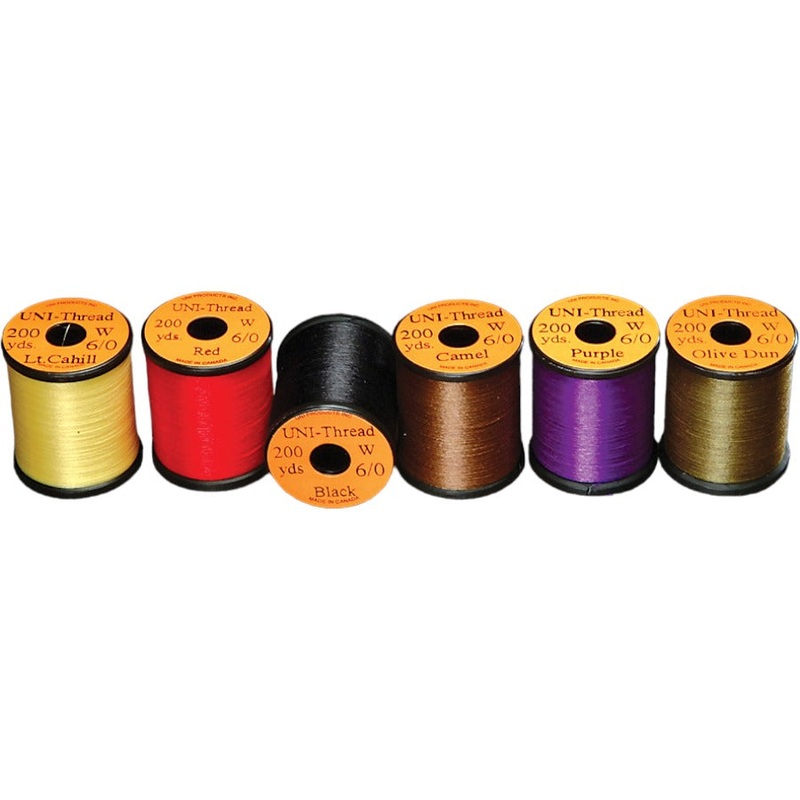 6/0 UNI-Thread Waxed|black|camel|chartreuse|dark brown|fiery orange|gray|green|iron gray|light blue|light cahill|light olive|olive dun|olive|orange|pink|purple|royal blue|red|rusty brown|rusty dun|silver doctor blue|tan|white|wine|yellow