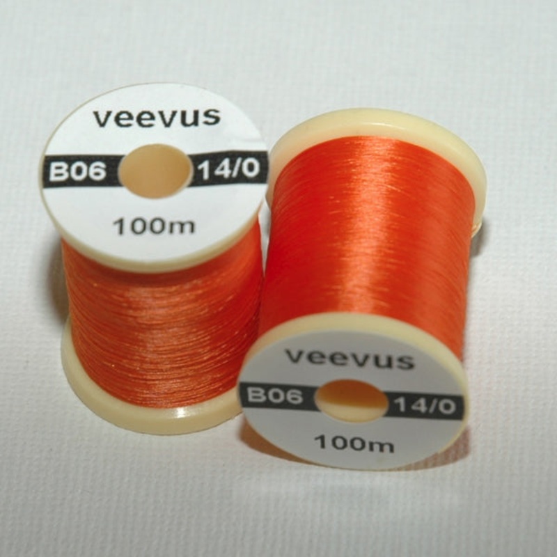 Veevus Thread 14/0|black B01|brown B09|dun B07|fl. green B19|fl. orange B18|fl. yellow chartreuse B17|gray B05|lt cahill B13|lt. olive B20|olive B14|orange B06|pink B16|red B04|rusty brown B08|white B02