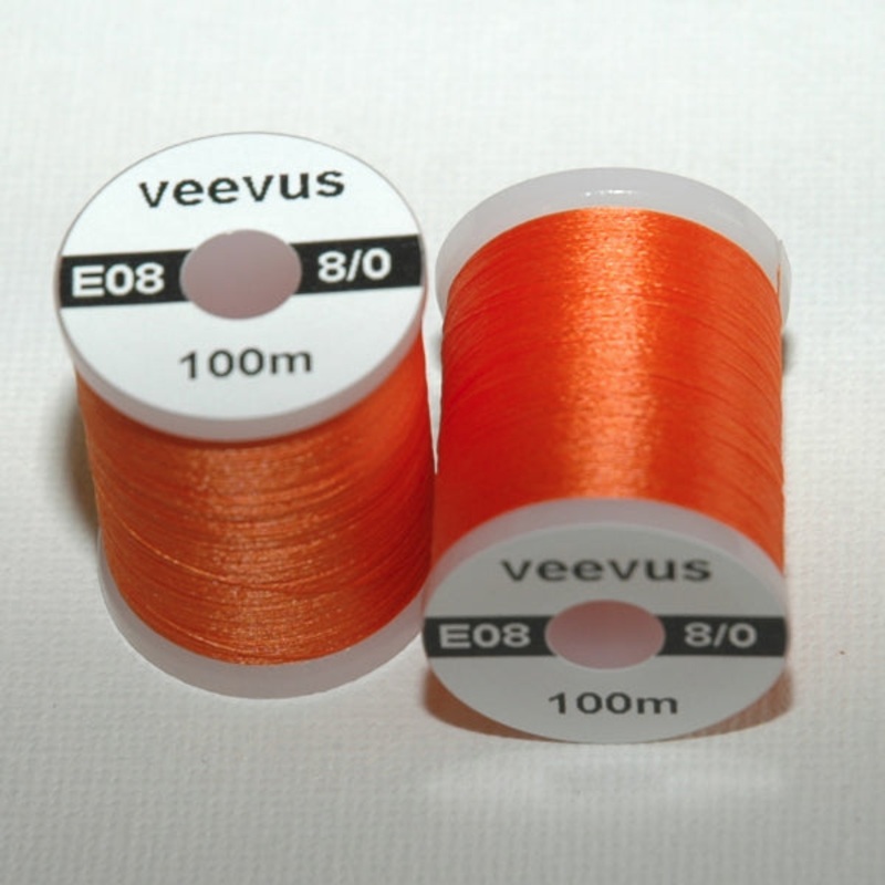 Veevus Thread 8/0|black E01|brown E05|fl. green E17|fl. orange E16|fl. yellow chartreuse E15|lt. cahill E09|lt. olive E18|olive E14|orange E08|pink E06|purple|red E04|rusty brown E03|tan E12|white E02