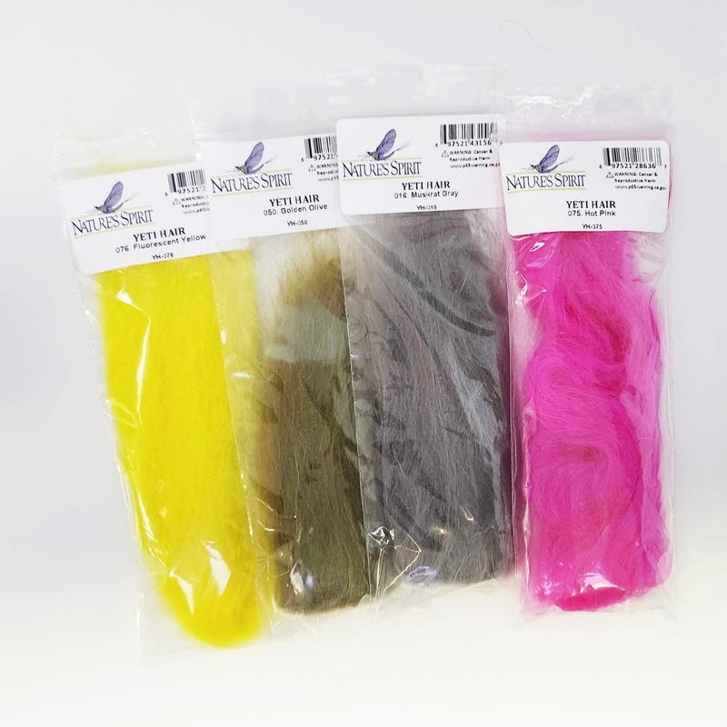 Yeti Hair|bigfoot brown|black|brown|damsel nymph olive|fl. chartreuse|fl. orange|fl. yeti|fl. yellow|golden olive|gray olive|hot pink|muskrat gray|olive|purple|red|rusty brown|rusty crawfish|sasquatch olive|skunk ape|sulli|swamp monster|tan|wookie gold|ye