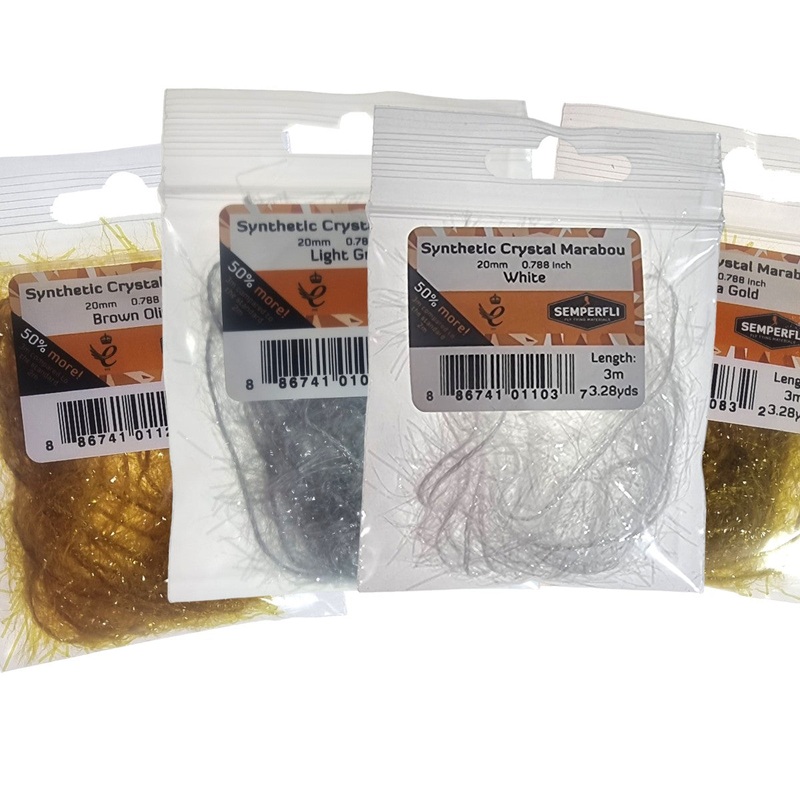 Synthetic Crystal Marabou|black|brown olive|cream|fl hot red|fl nuclear green|fl orange tobiko|fl steelhead orange|fl shrimp pink|fl atomic yellow|grape juice|light brown|light grey|lemon lime|olive|peach|pale olive|powder pink|purple|rootbeer|white