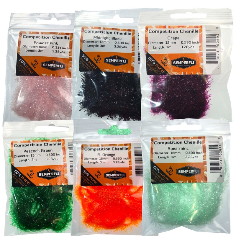 Competition Chenille 15mm|Biscuit|Blushing Sunburst|Brown Trout|Cheddar Cheese|Custard Cream|Diamond White|Electric Blue|Fag End|Fl Atomic Yellow|Fl Hot Red|Fl Nuclear Green|Fl Orange|Fl Shrimp Pink|Fresh Peach|Grape|Hot Candy Pink|Lemon Lime|Midnight Bla