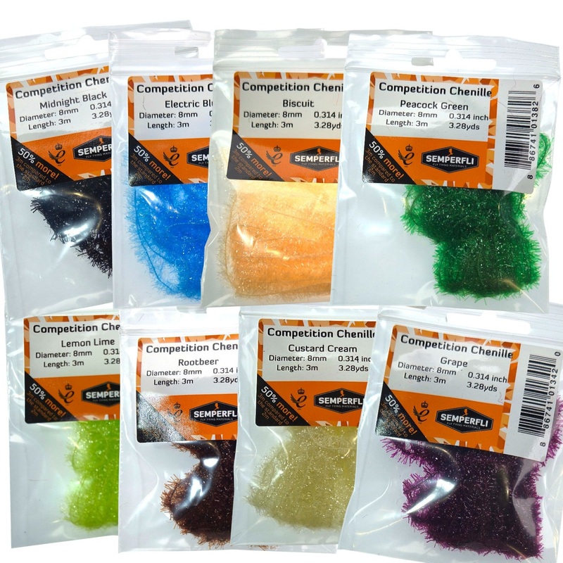 Competition Chenille 8mm|Biscuit|Blushing Sunburst|Brown Trout|Cheddar Cheese|Custard Cream|Diamond White|Electric Blue|Fag End|Fl Atomic Yellow|Fl Hot Red|Fl Nuclear Green|Fl Orange|Fl Shrimp Pink|Fresh Peach|Grape|Hot Candy Pink|Lemon Lime|Midnight Blac
