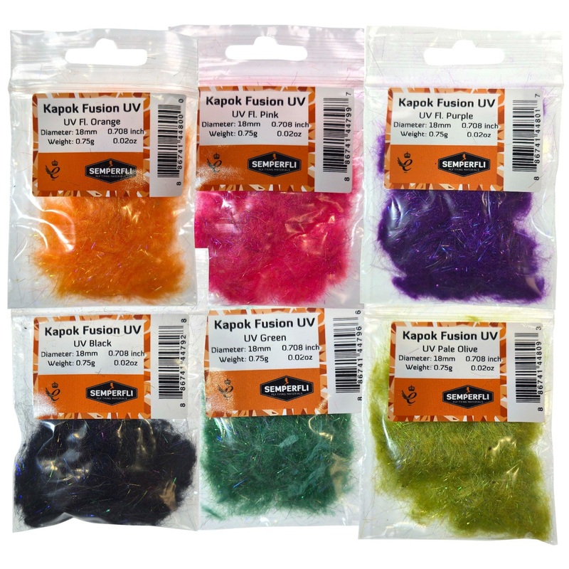 Kapok Fusion UV Dubbing|Adams|Black|BWO|Caddis Green|Claret|Cream|Fl Orange|Fl Pink|Fl Purple|Fl Red|Fl Yellow|Fl Yellow Sunburst|Green|March Brown|Marginata|Olive Dun|Olive|Pale Blue Dun|Pale Olive|Rust|Rusty Orange|Shrimp Pink|Sulphurea|Tan