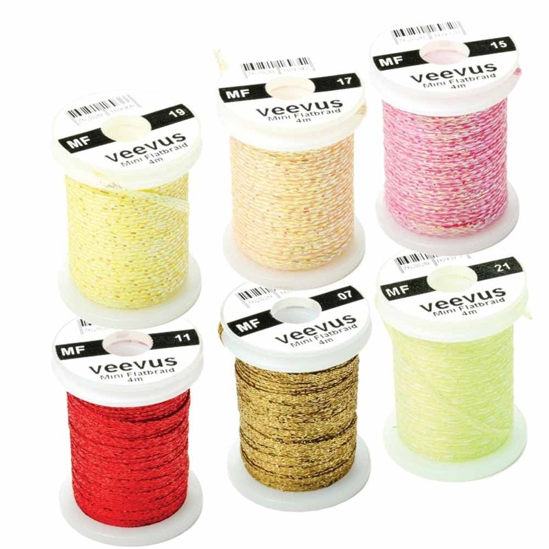 Veevus Mini Flat Braid|MF21 – Fl. Gree|MF11 – Red|MF03 – Lead Ti|MF15 – Pink Prl|MF22 – Fl. Oran|MF17 – Peach Pr|MF23 – Fl. Pin|MF07 – Old Gold|MF20 – White Pr|MF18 – Teal Blu