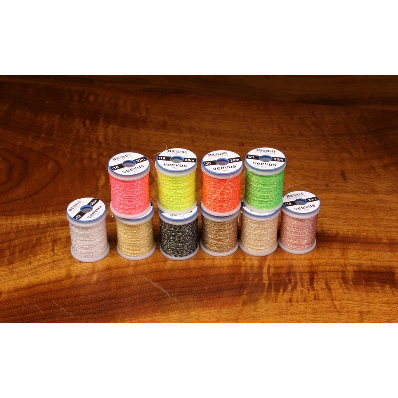Veevus Iridescent Thread|Olive|Purple|Black Rainbow|Fl Chartreuse|Fl Fire Orange|Fl Pink|Peacock|Pearl|Pink|Bonefish Tan|Red|Shrimp Pink|Tan|Copper|Cream|Smolt Blue|Blue|Fl Yellow|Gold|Silver Snow|Bright Blue|Aqua