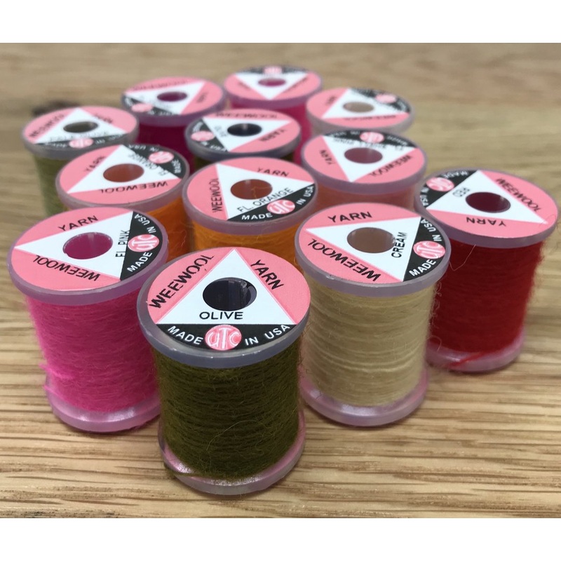 Wee Wool Yarn|Fl Orange|Fl Green|Fl Shell Pink|Fl Pink|Fl Cerise|Natural White|Cream|Pale Yellow|Yellow|Burnt Orange|Light Gray|Tan|Brown|Medium Brown|Red|Pale Olive|Caddis Green|Dark Brown|Olive|Brown Olive|Black|Adams Gray|Olive Dun|Fl Fire Orange|Fl Ch