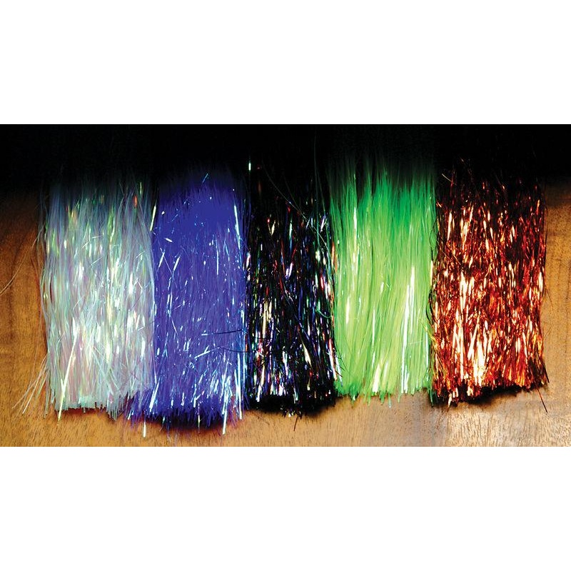 Hedron Dyed Pearl Flashabou|Black|FL. Yellow|Chartreuse|Light Blue|Dark Blue|Pink|Purple|Orange|Lavender|Olive|Yellow|Peacock