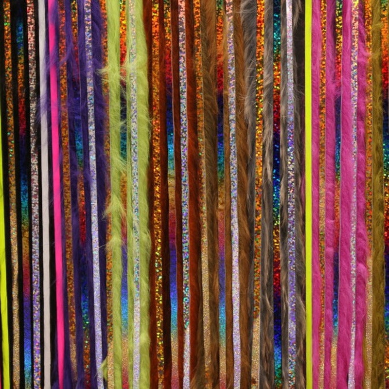 Hareline Bling Rabbit Strips|Black/Holographic Rainbow |11h|Bright Purple/Fl. Pink |35e|Gold Variant/Holographic Gold |154g|Hare’s Ear/Holographic Gold |178G|Olive/Holographic Gold |263g|White/Holographic Rainbow |377h