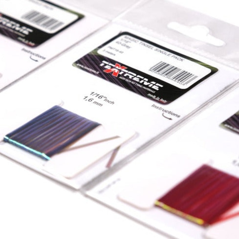 Textreme Magic Tinsel|Red|Fl. Orange|Pearl Rainbow|Ultraviolet|Black|Grey|Tan|Brown|Olive|Light Olive|Fl. Chartreuse|1/16″|1/32″