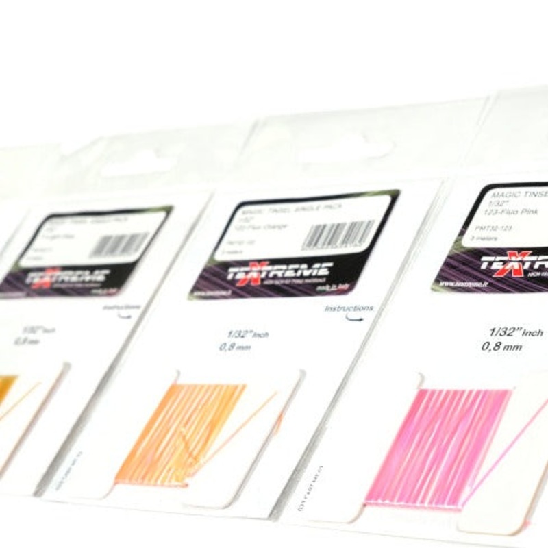 Textreme Magic Tinsel|Red|Fl. Orange|Pearl Rainbow|Ultraviolet|Black|Grey|Tan|Brown|Olive|Light Olive|Fl. Chartreuse|1/16″|1/32″