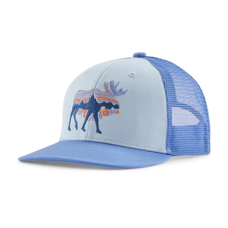Patagonia Kids’ Trucker Hat|Ridge Rise Stripe: Light Plume|Water People Gator: Gather Green|Fitz Roy Moose: Fleck Blue