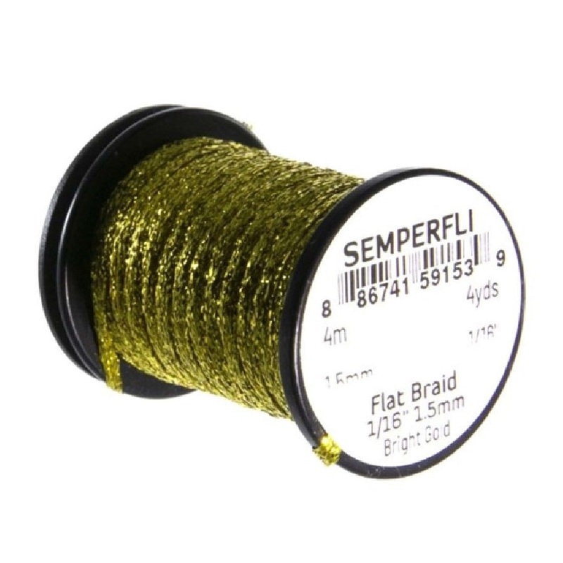 Semperfli Flat Braid Spool|Bright Gold|Fl. Green|Fl. Orange|Fl. Pink|Fl. Yellow|Holo Glacier Blue|Holo Sunbeam|Holo Pink|Kingfisher Turquoise|Silver|White