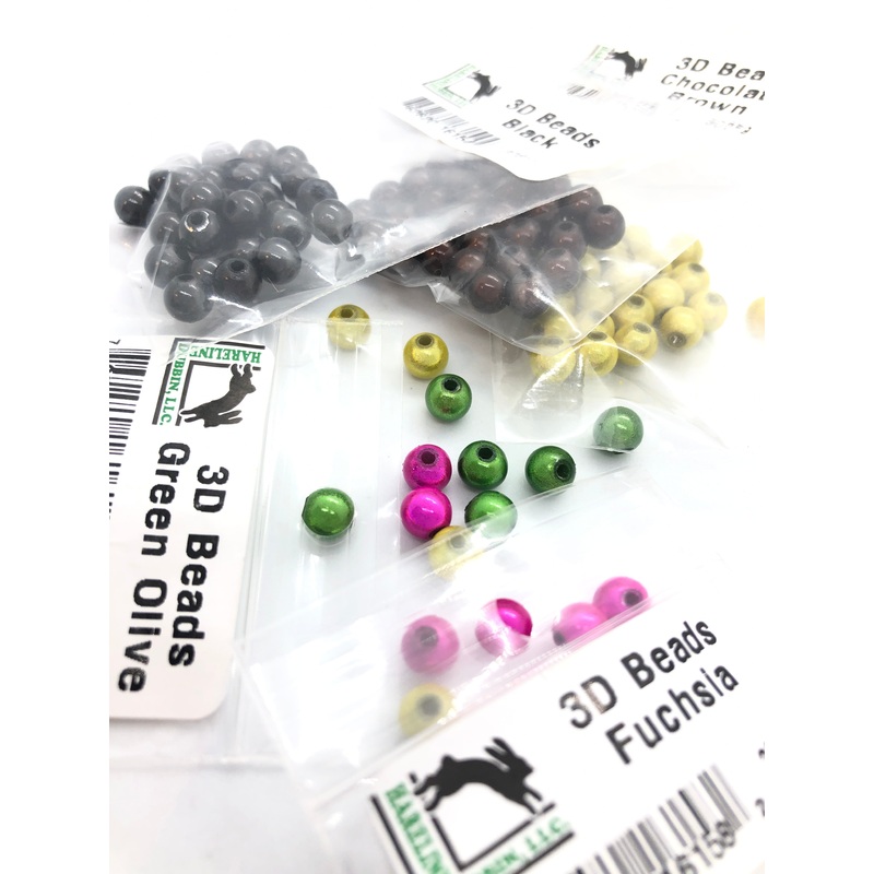 Hareline 3D Beads|Yellow Olive|Orange|Red|Black|Fuchsia|Cream|Gray|Chocolate Brown|Green Olive|Gold