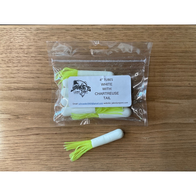 Jakes Lure Joint 4 Tubes|White with Chartreuse Tail|Blue Glow|Green Glow|Aqua Glow|Bleeding White|Black with Pink Tail|Blaze Orange with White Body|White