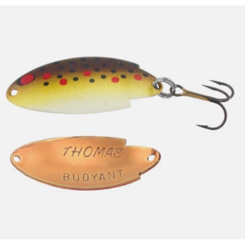 Thomas Buoyant|1/6oz 2.25″ Rainbow Trout|1/4oz 2.5″ Rainbow Trout|1/6oz Chartreuse|1/6oz Brown Trout|1/6oz Watermelon|1/4oz Silver/Blue|1/6oz Gold|1/6oz Nickel|1/4oz Gold|1/4oz Nickel