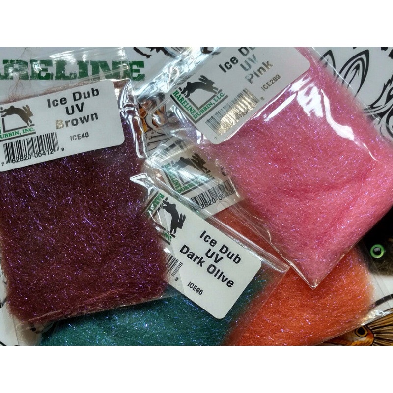 UV and Ice Dubbing|dun|black|hot pink|hot orange|pearl|pink|purple|red|tan|brown|cinnamon|dark olive|light yellow|Rust|Peacock Eye|Kingfisher Blue (non UV)|Copper (non UV)|Peacock (non UV)|Hot Yellow|Callibaetis|Lt. Olive|Pheasant Tail|SIlver Holographic